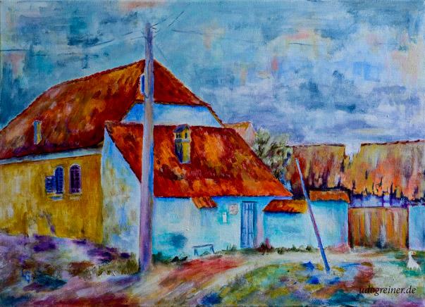 Haus mit türkiser Wand