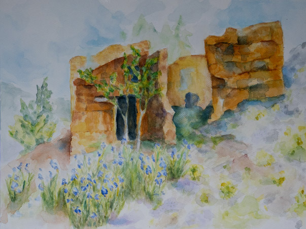 Ruine mit Lilien, Aq 01/23