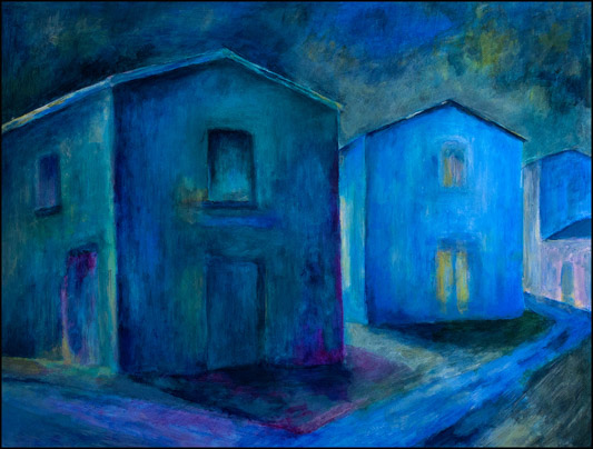 Drei blaue Häuser